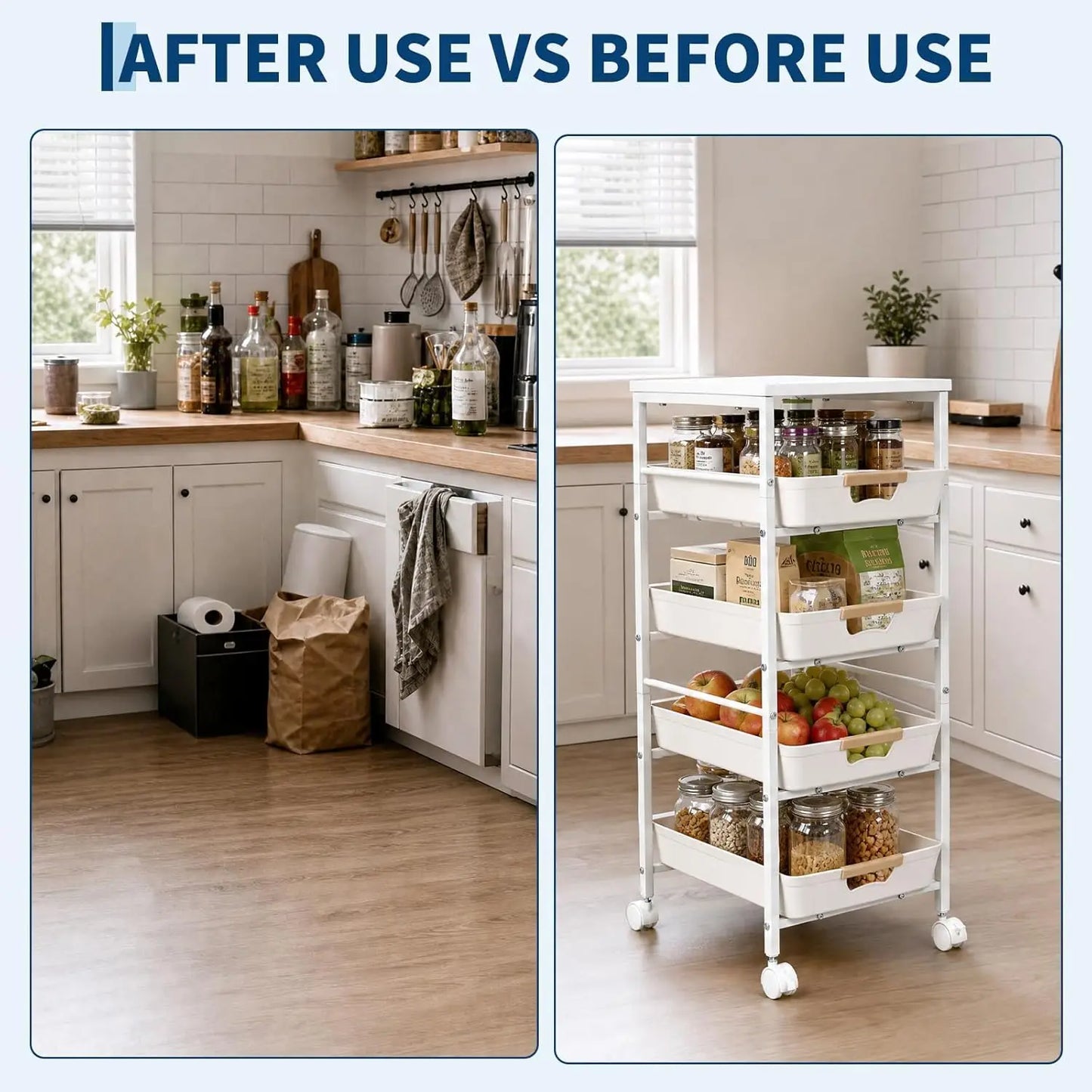 HiMISS Slim Rolling Storage Cart With Wooden Top And Organizer
