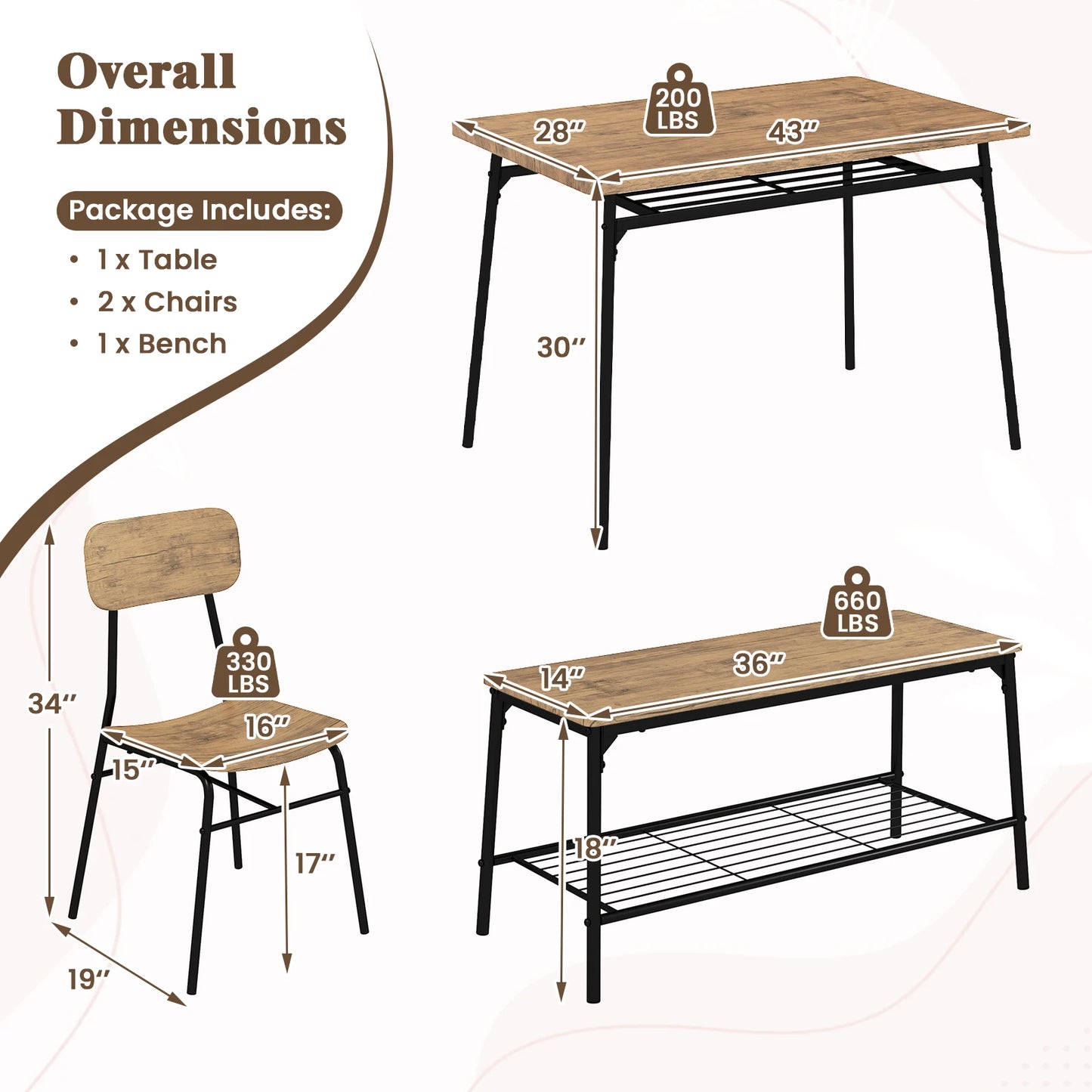 HOMASIS 4 Piece Dining Table Set With Bench And Chairs