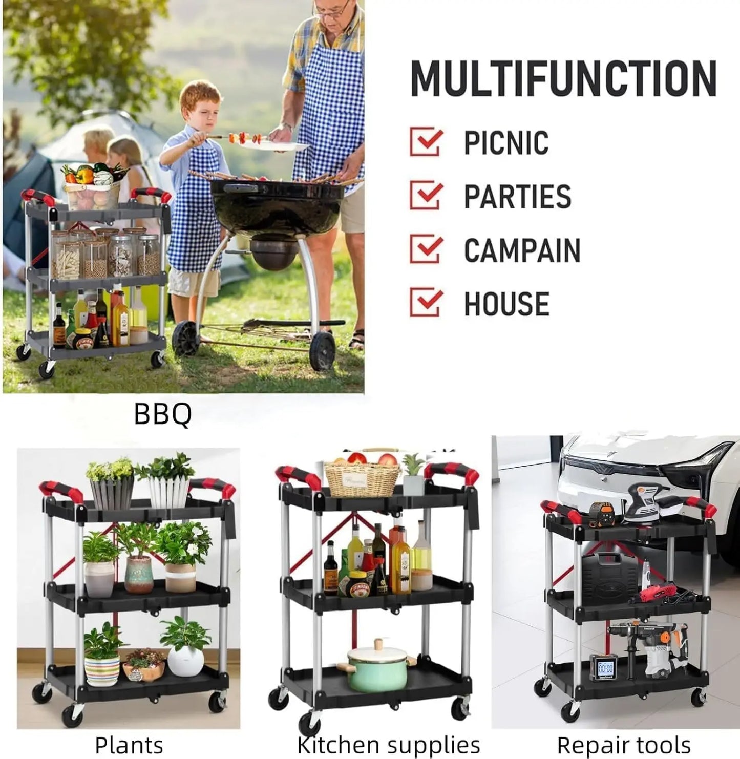 Twister Three Tier Foldable Rolling Utility Cart With Lockable Wheels