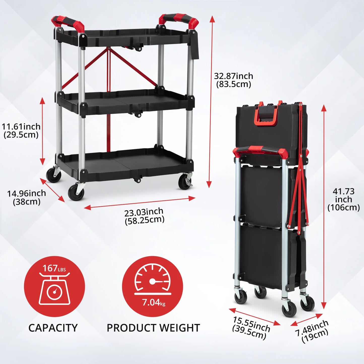Twister Three Tier Foldable Rolling Utility Cart With Lockable Wheels