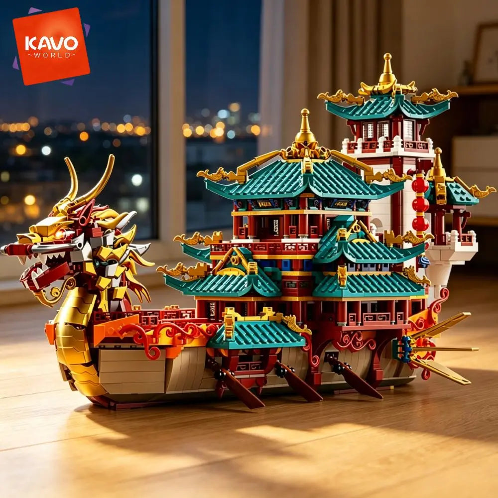 KAVOWORLD Chinese Dragon Boat Building Blocks Set With LED Light