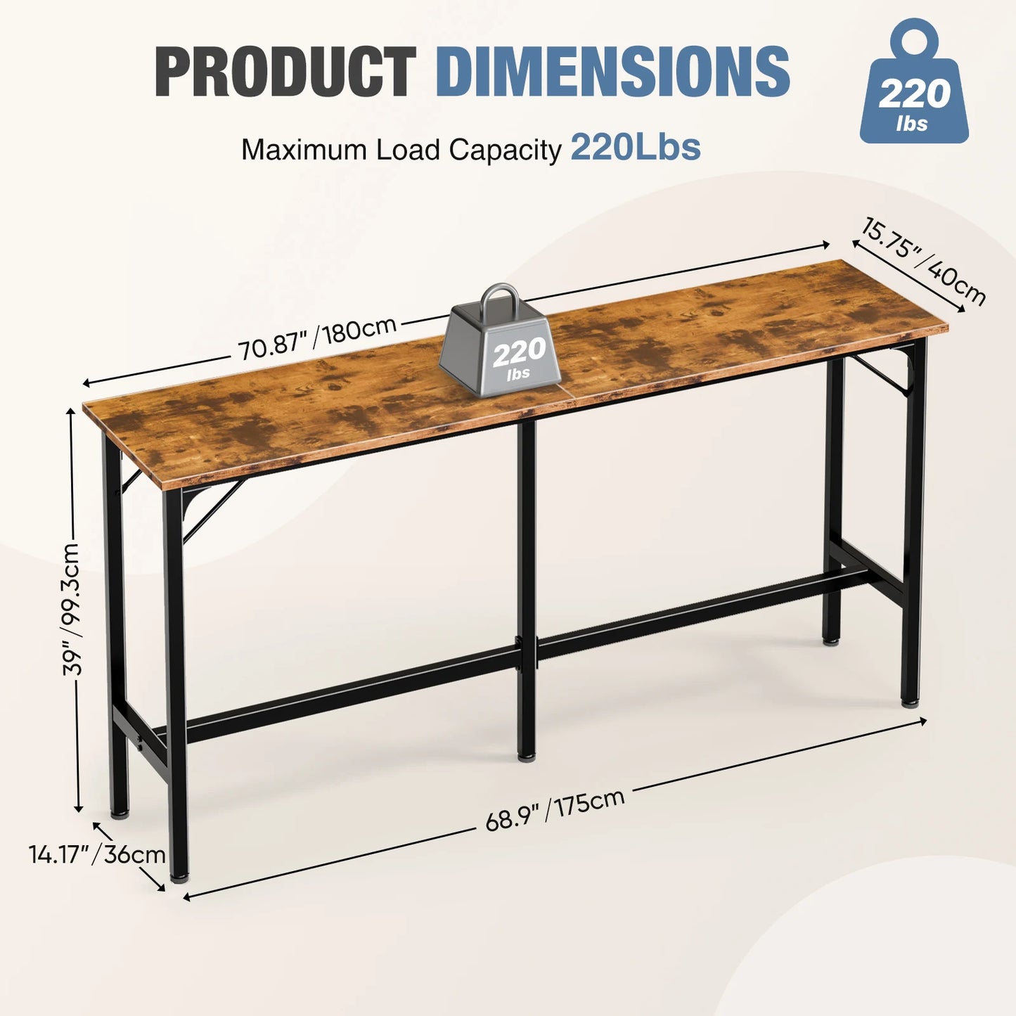 JHK Rectangular High Top Coffee Table With Sturdy Metal Frame