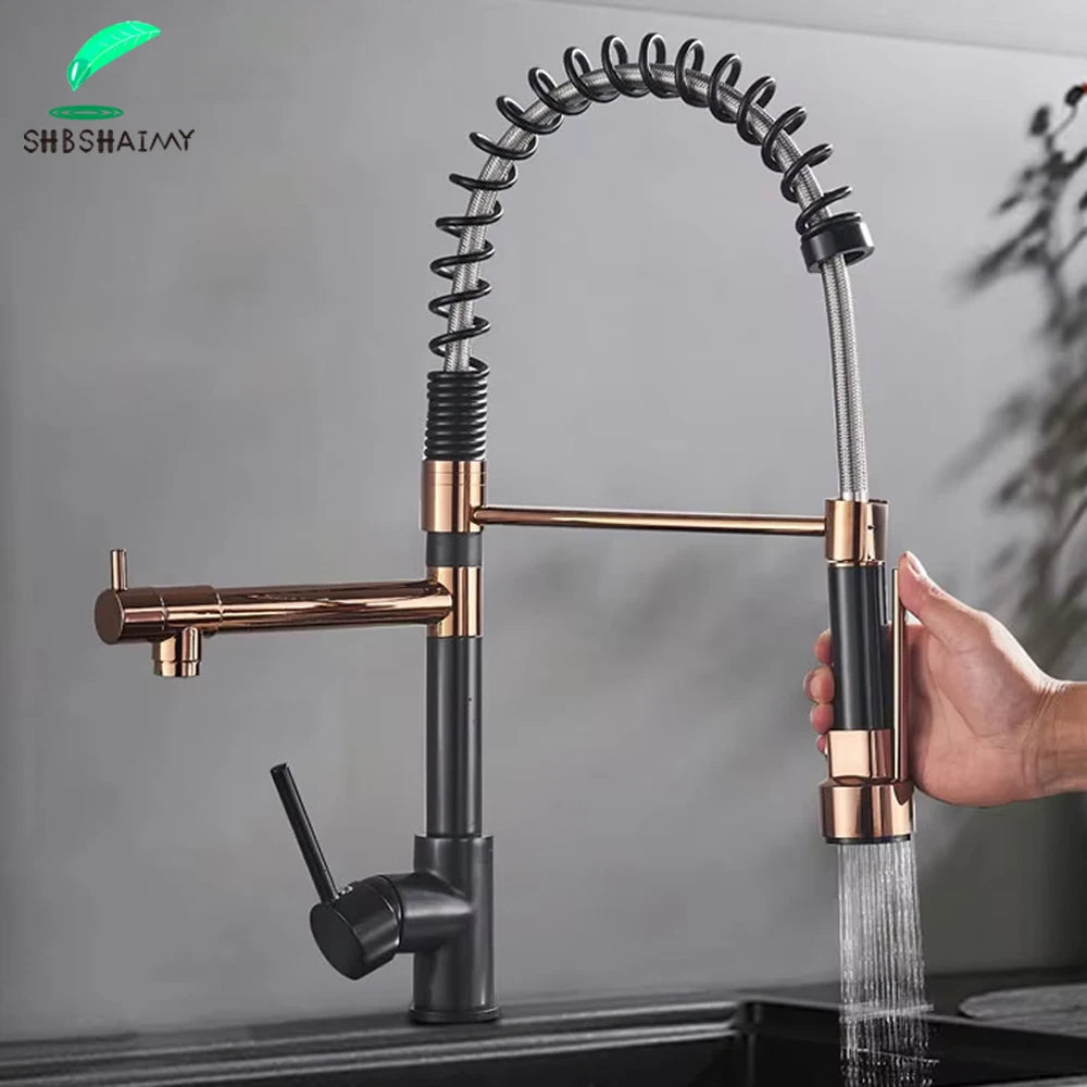Shbshaimy Rose Gold Chrome Deck Mount Pull Down Kitchen Faucet