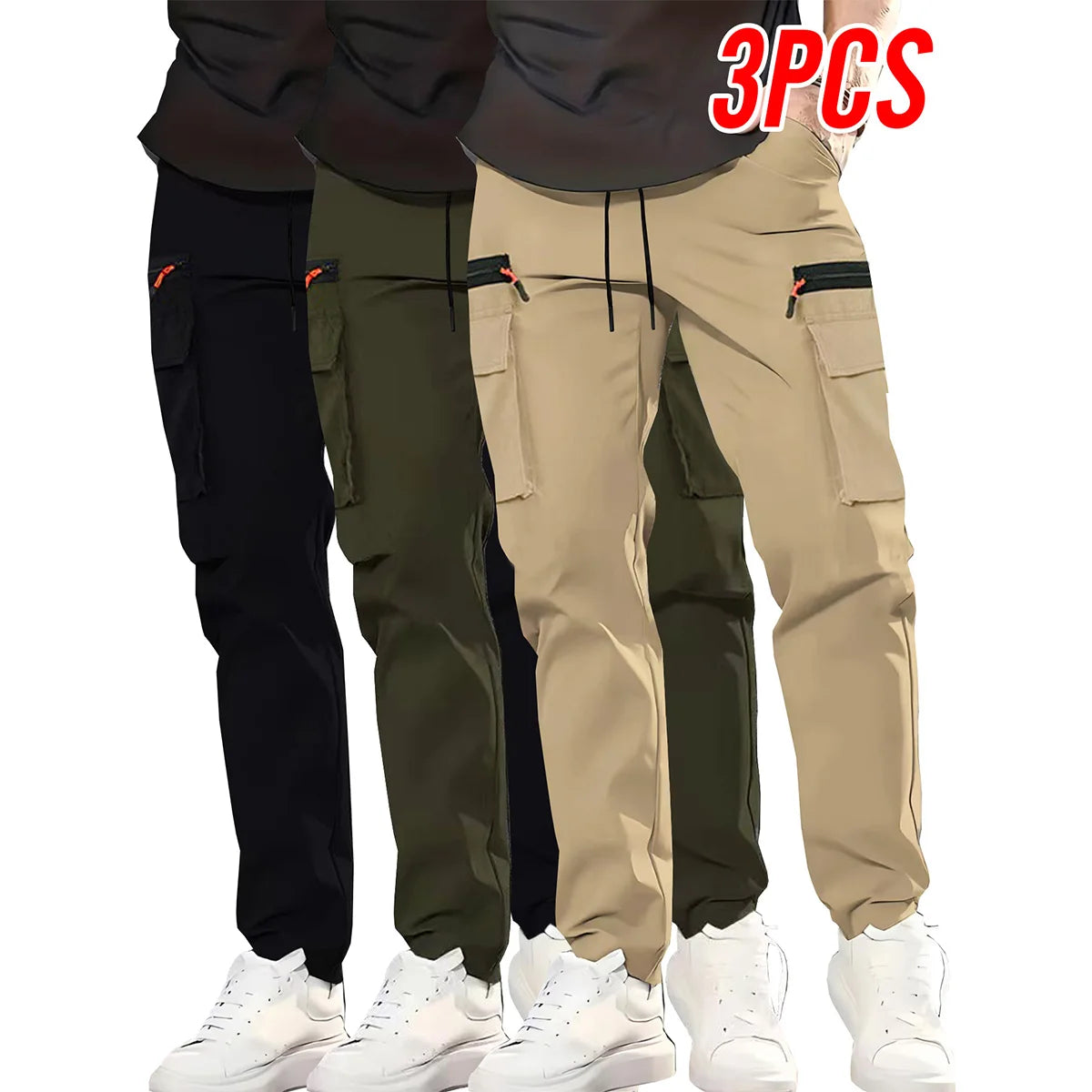Men's Multi Pocket Cargo Pants With Zipper Straight Leg Trousers