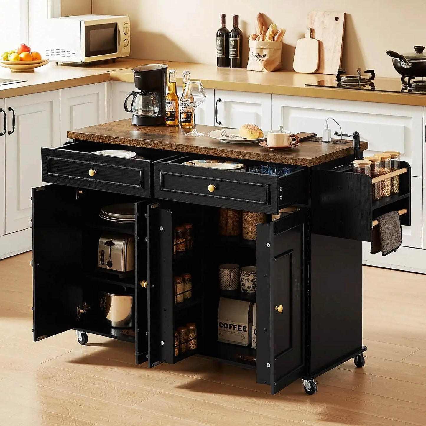 Mobile Wooden Kitchen Island Cart With Drop Leaf Storage Drawers
