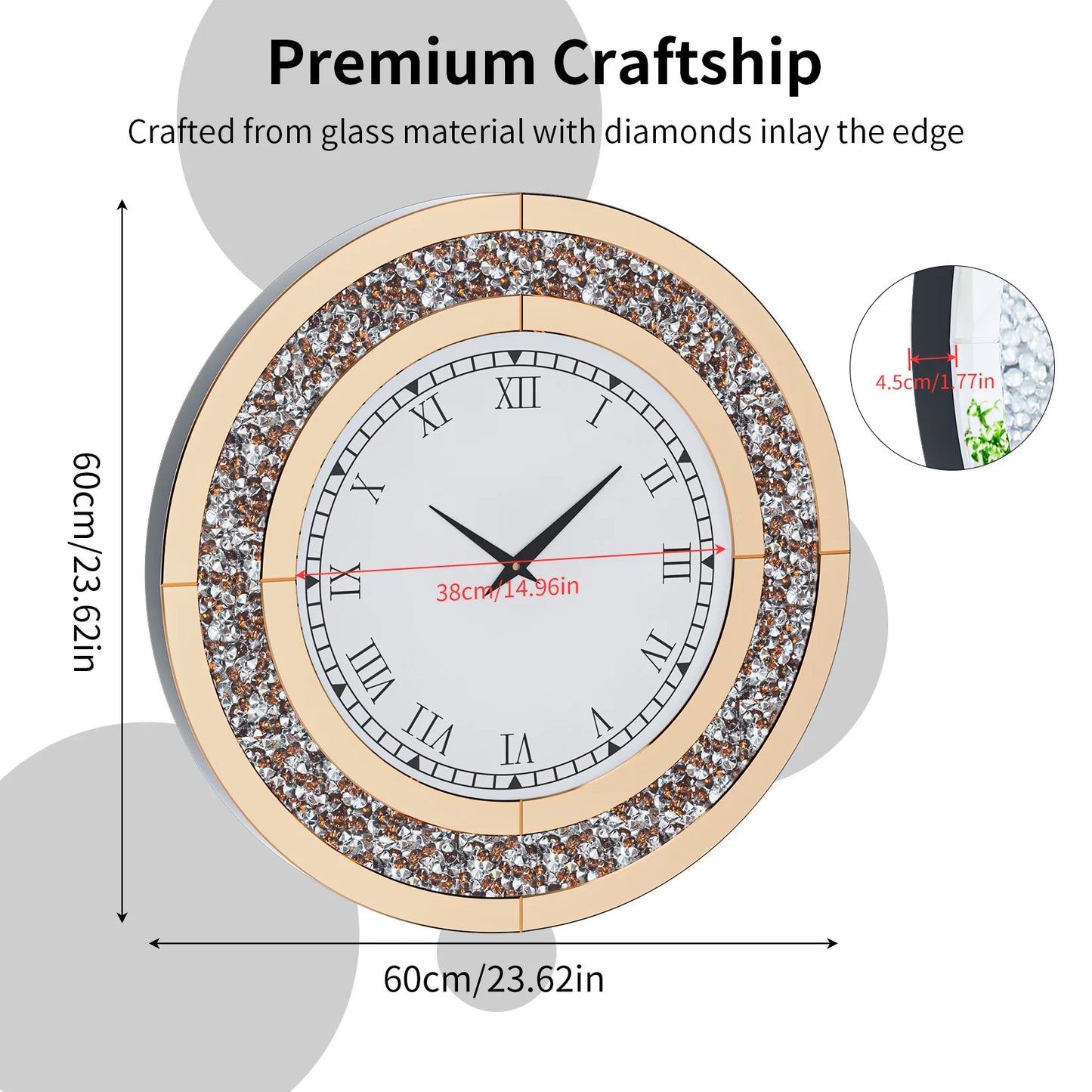 Decorative Round Mirror Wall Clock Featuring Crystal Sparkle Design