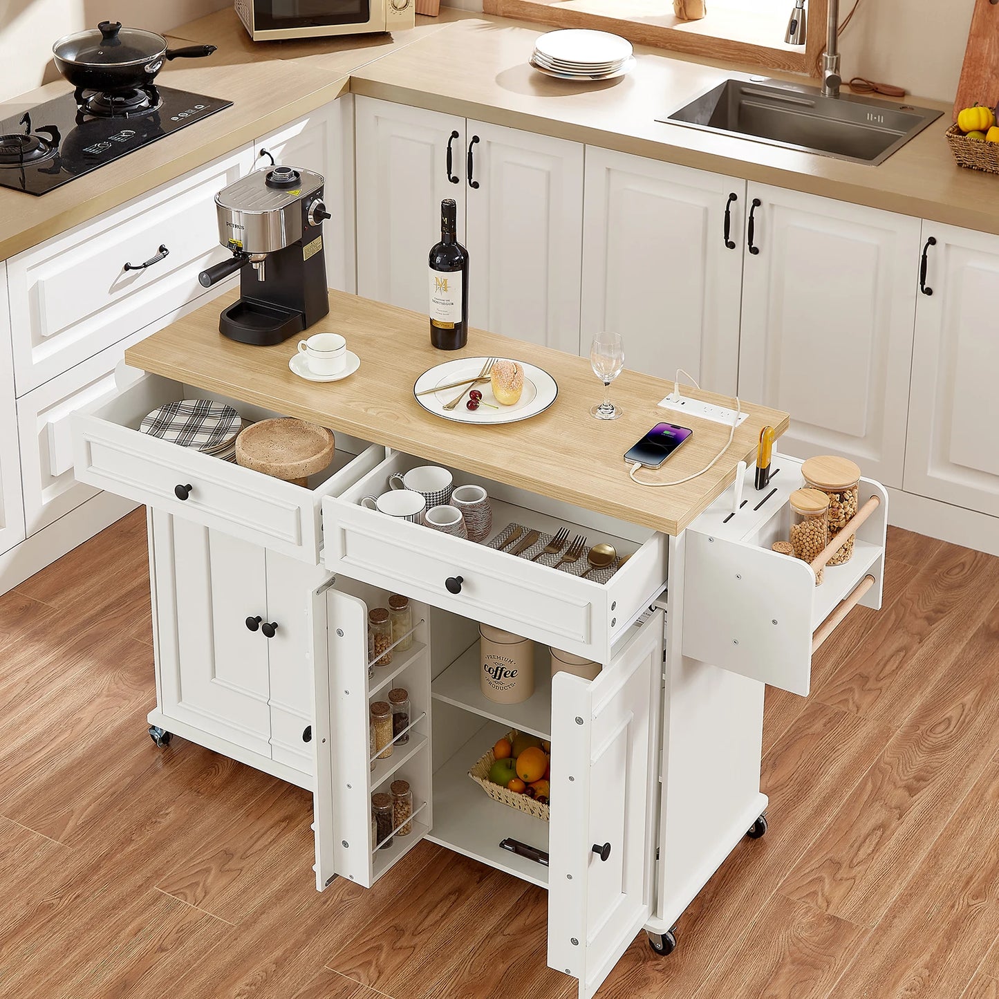 Mobile Wooden Kitchen Island Cart With Drop Leaf Storage Drawers