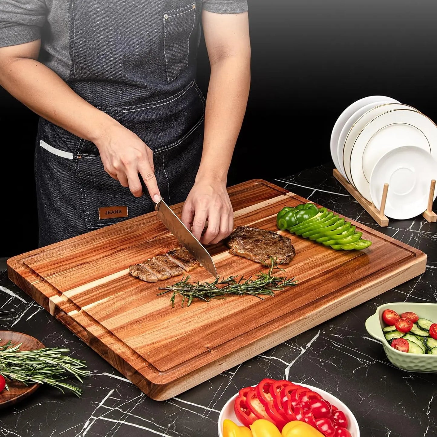 TWISTER.CK Extra Large Reversible Wood Cutting Board With Juice Groove And Handle 24 Inch