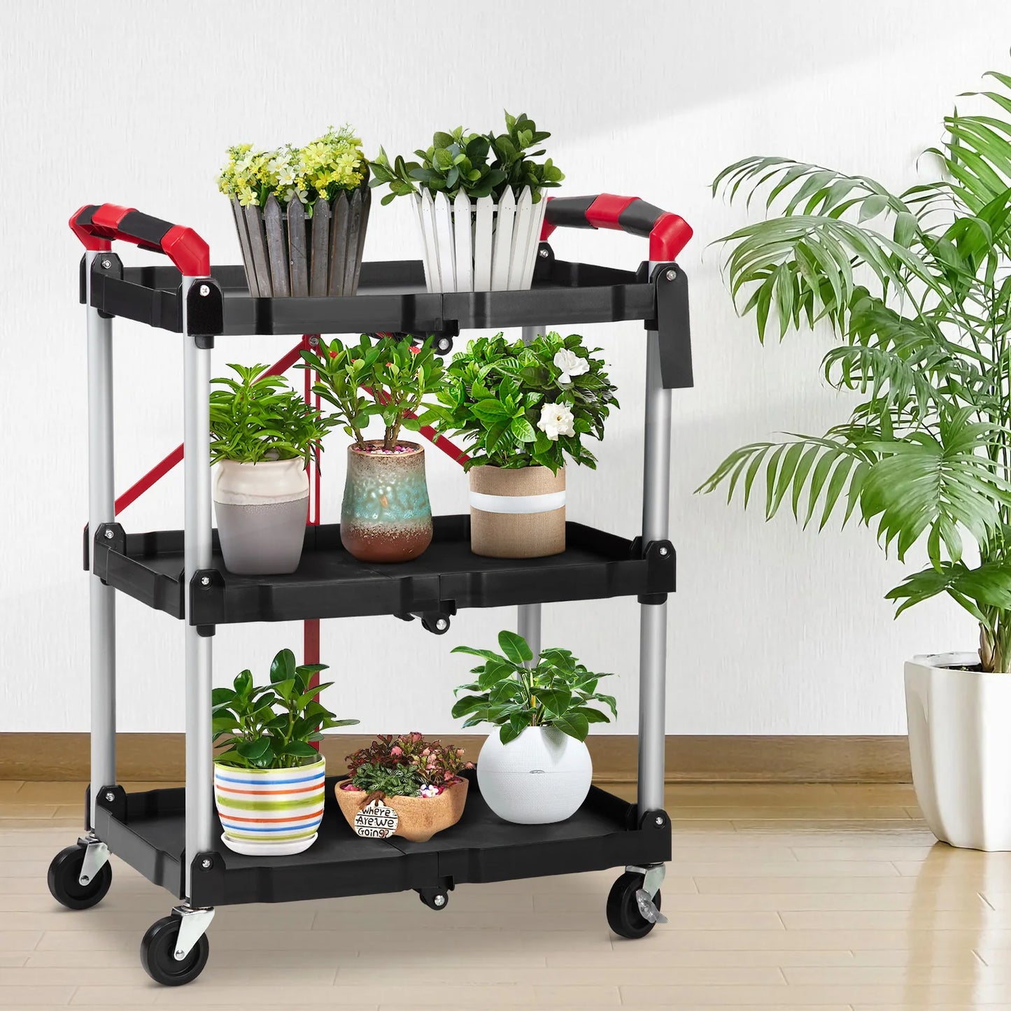 Twister Three Tier Foldable Rolling Utility Cart With Lockable Wheels