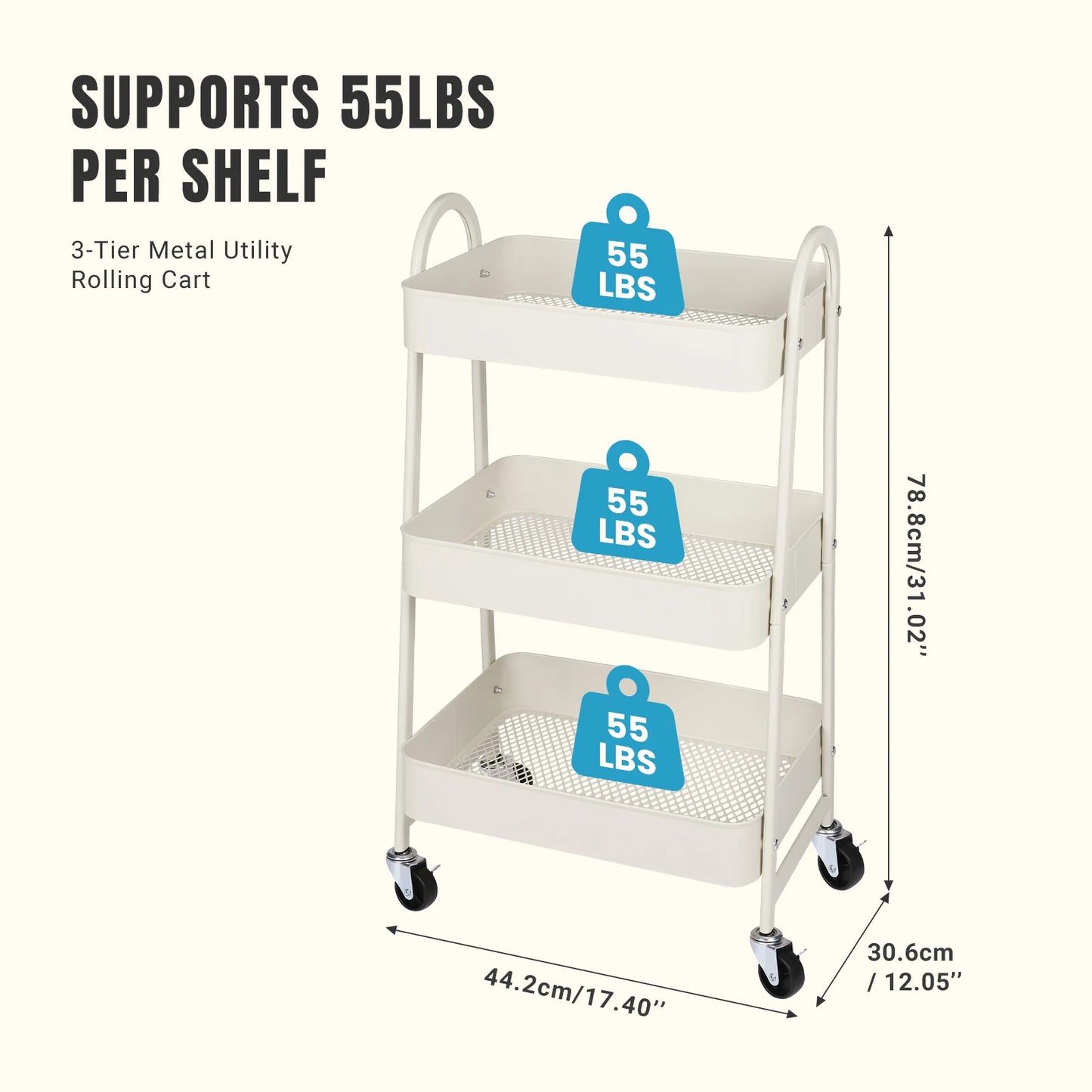 JHK 3 Tier Metal Rolling Storage Cart With Lockable Wheels