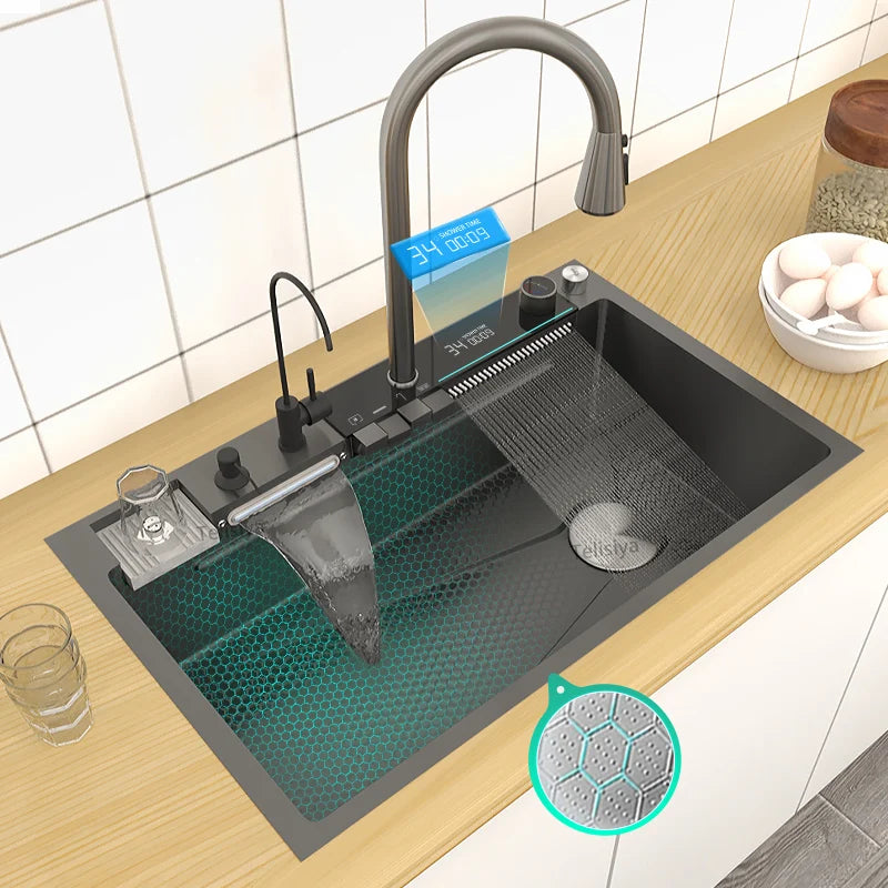 Telisiya Waterfall Stainless Steel Single Bowl Kitchen Sink Digital Display