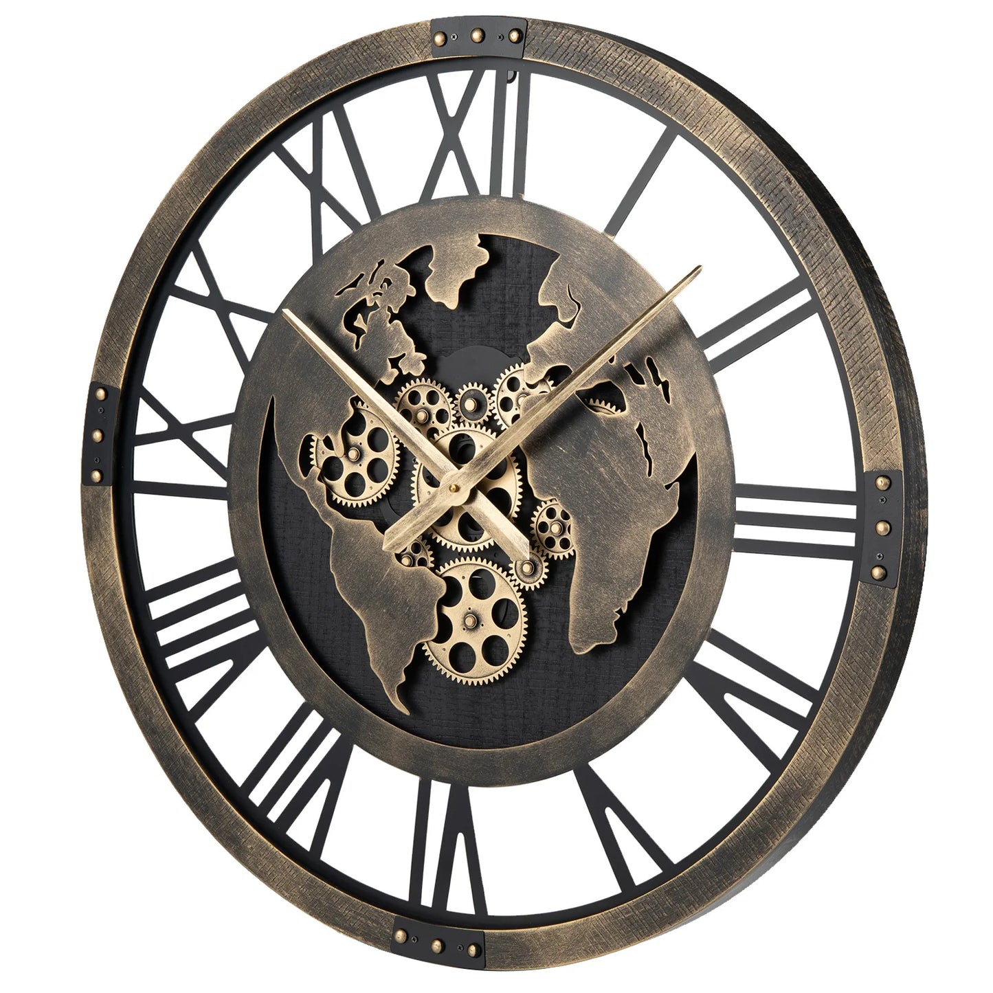 HOMASIS World Map Gear Wall Clock, Non Ticking Decorative Large Metal