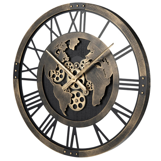 HOMASIS World Map Gear Wall Clock, Non Ticking Decorative Large Metal