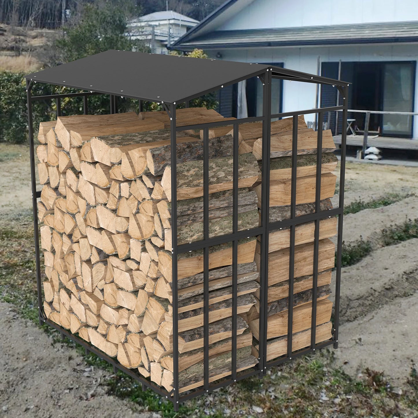 Heavy Duty Metal Outdoor Firewood Rack With Waterproof Cover