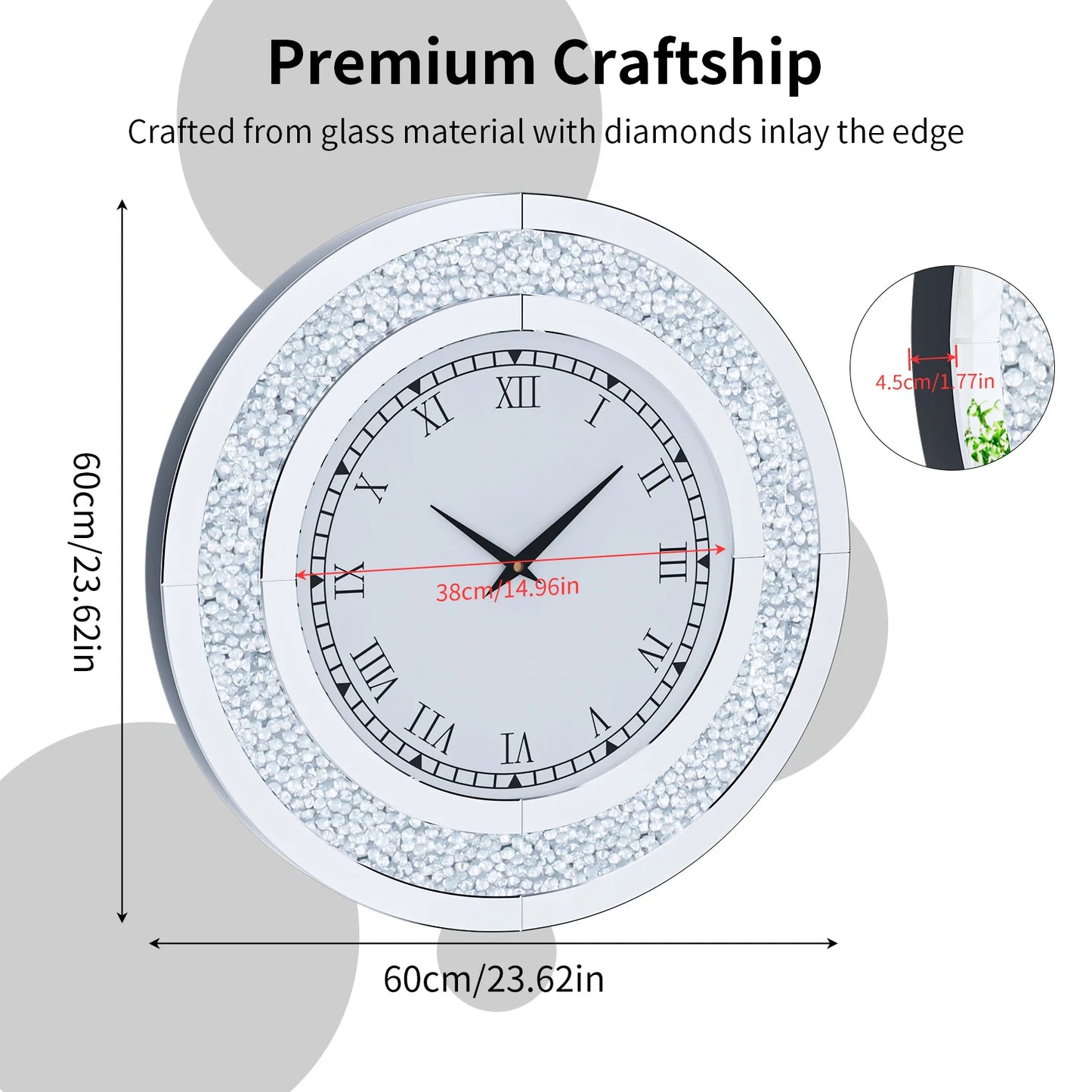 Decorative Round Mirror Wall Clock Featuring Crystal Sparkle Design
