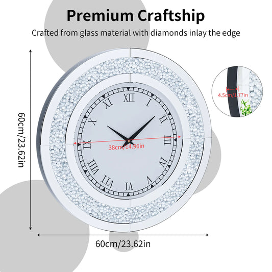 Decorative Round Mirror Wall Clock Featuring Crystal Sparkle Design