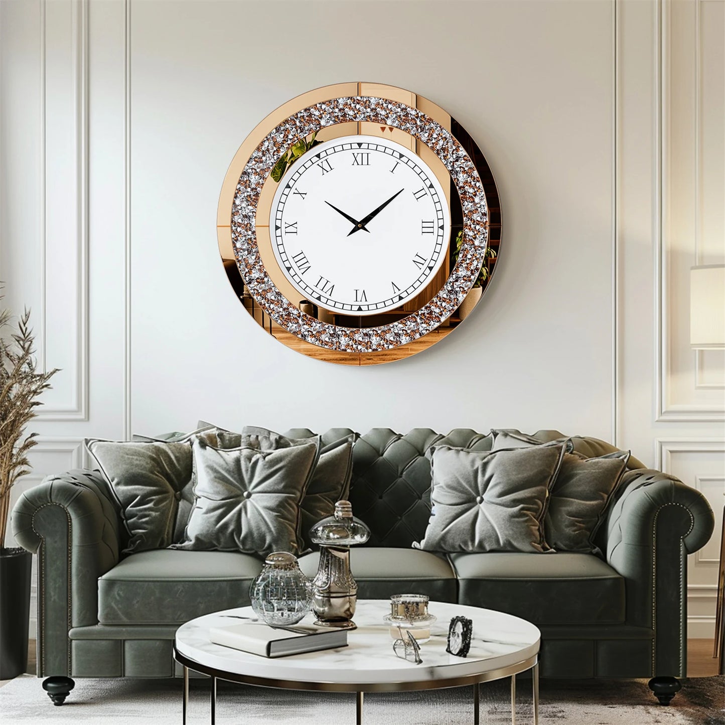 Decorative Round Mirror Wall Clock Featuring Crystal Sparkle Design