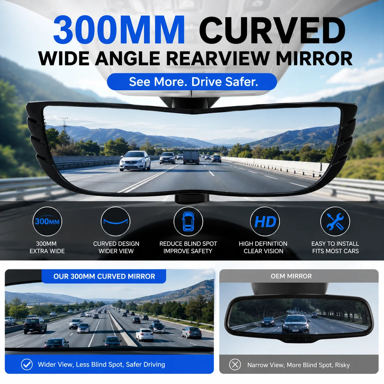 Universal 300mm Curved Wide Angle Interior Rearview Mirror With Clear Panoramic View