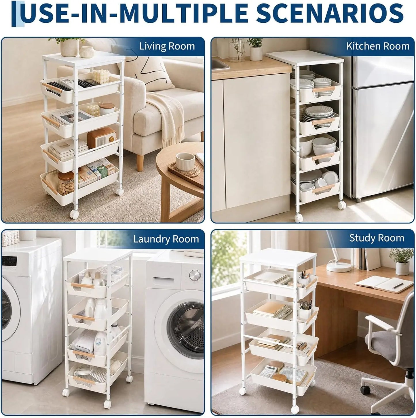 HiMISS Slim Rolling Storage Cart With Wooden Top And Organizer