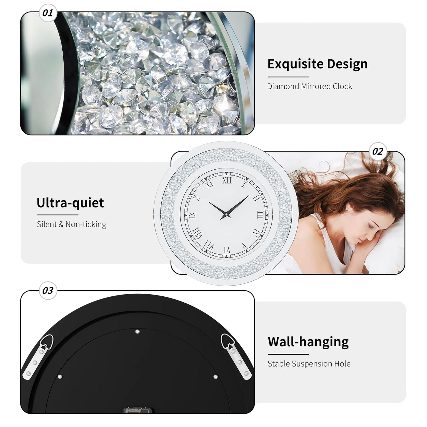Decorative Round Mirror Wall Clock Featuring Crystal Sparkle Design
