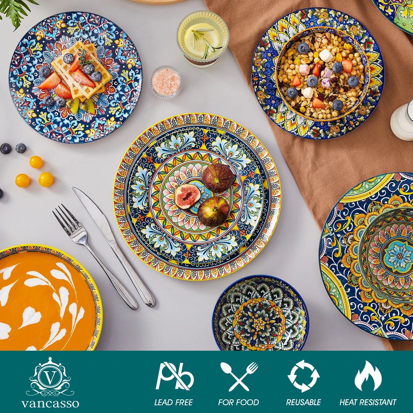 Malacasa Premium Porcelain Ceramic Dinnerware Set Bohemian Plant Design