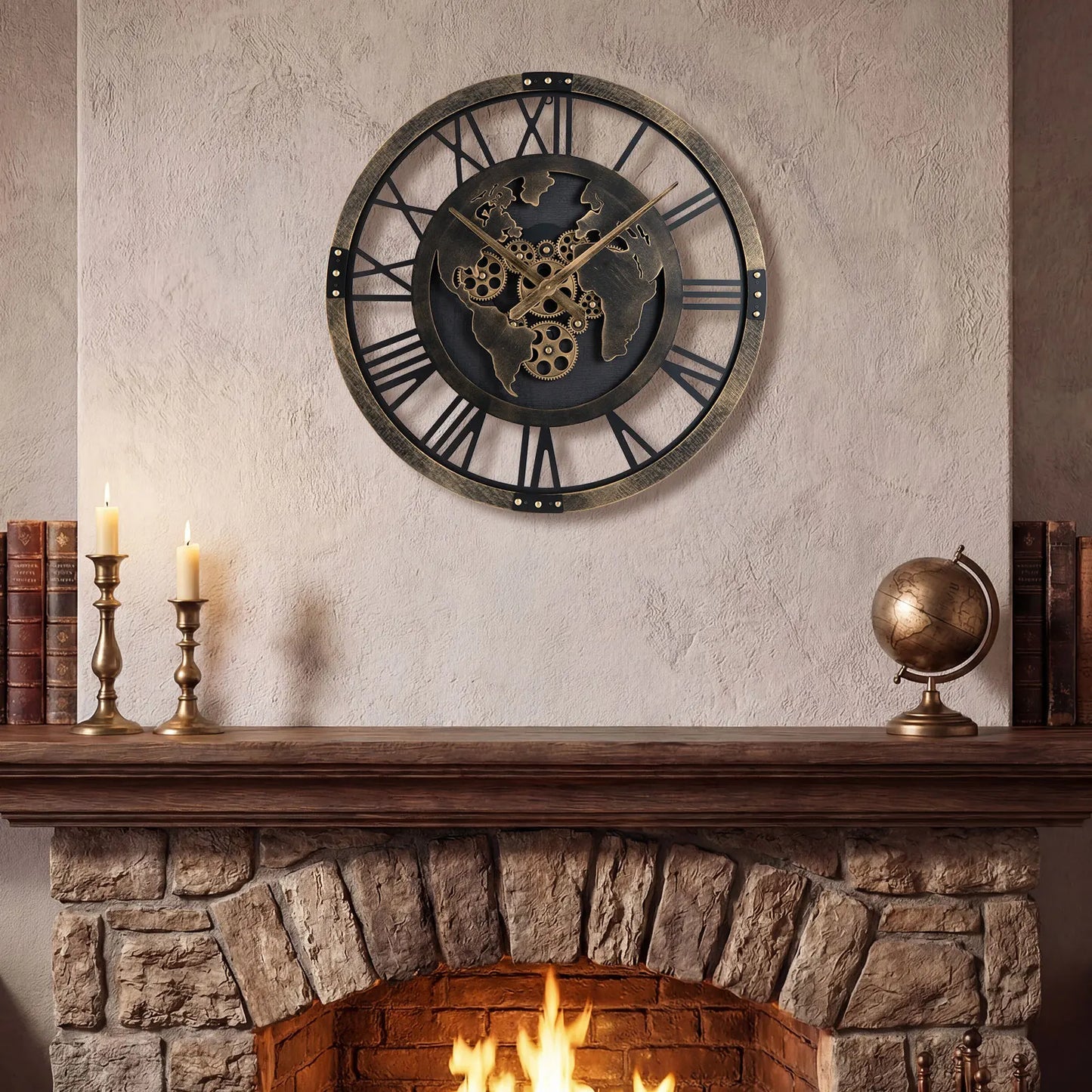 HOMASIS World Map Gear Wall Clock, Non Ticking Decorative Large Metal