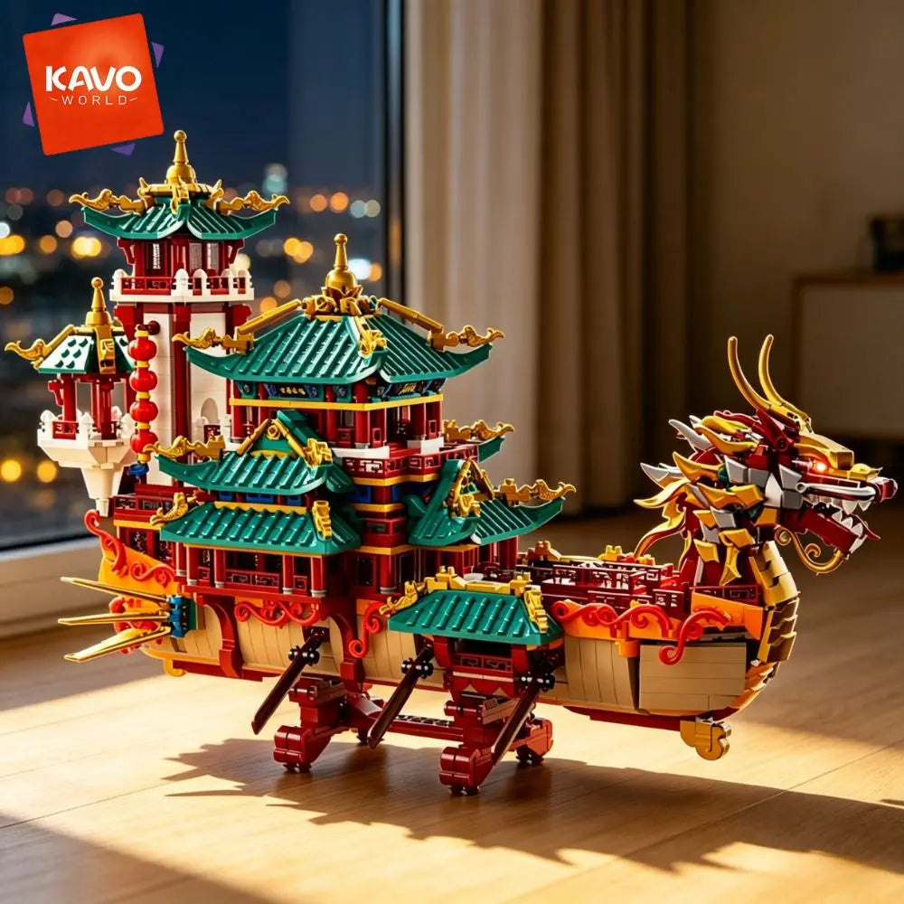 KAVOWORLD Chinese Dragon Boat Building Blocks Set With LED Light