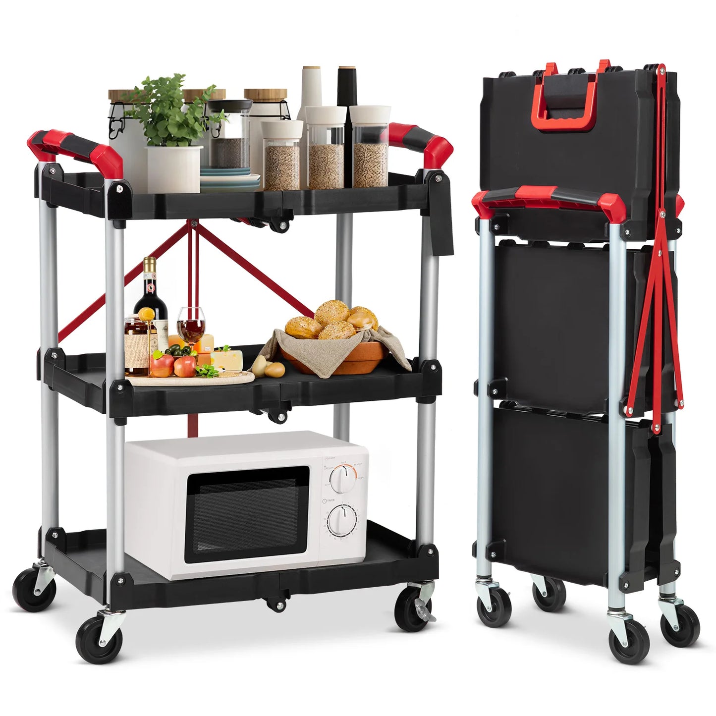 Twister Three Tier Foldable Rolling Utility Cart With Lockable Wheels