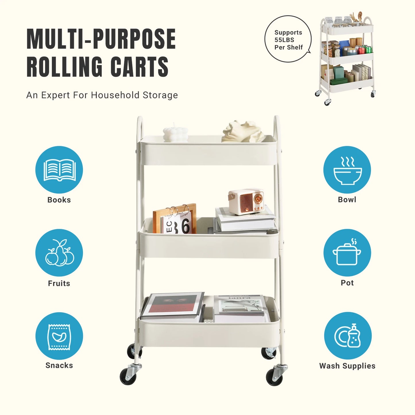 JHK 3 Tier Metal Rolling Storage Cart With Lockable Wheels