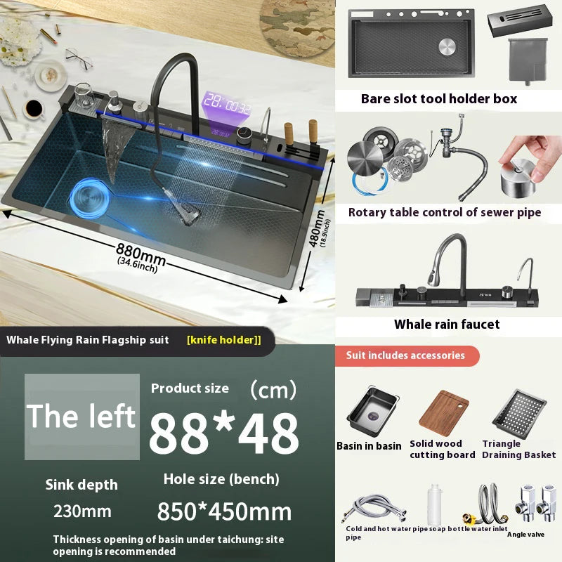Telisiya Waterfall Stainless Steel Single Bowl Kitchen Sink Digital Display