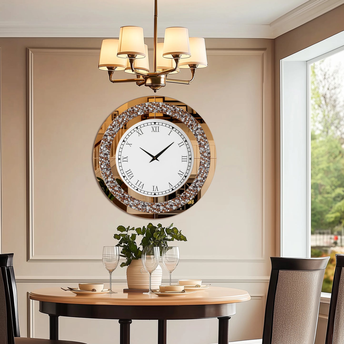 Decorative Round Mirror Wall Clock Featuring Crystal Sparkle Design