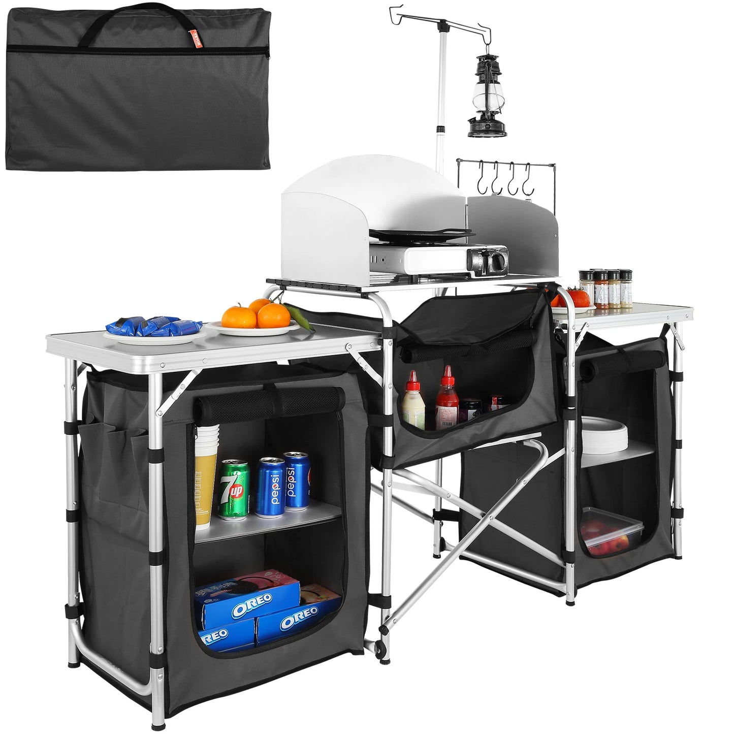 SucceBuy Foldable Camping Kitchen Table With Grilling Rack