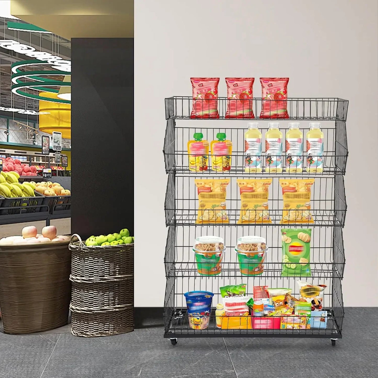 Five Tier Steel Wire Rolling Storage Rack For Produce