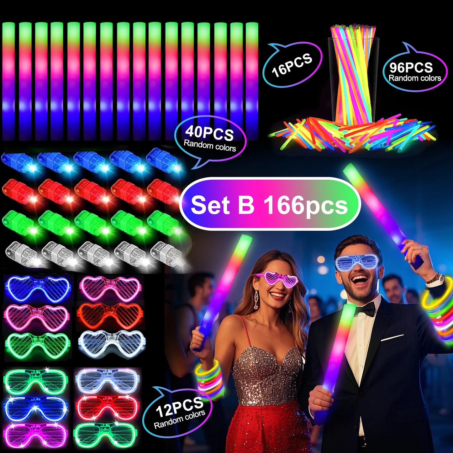Glowing Party Decoration Set With Led Glasses And Foam Sticks