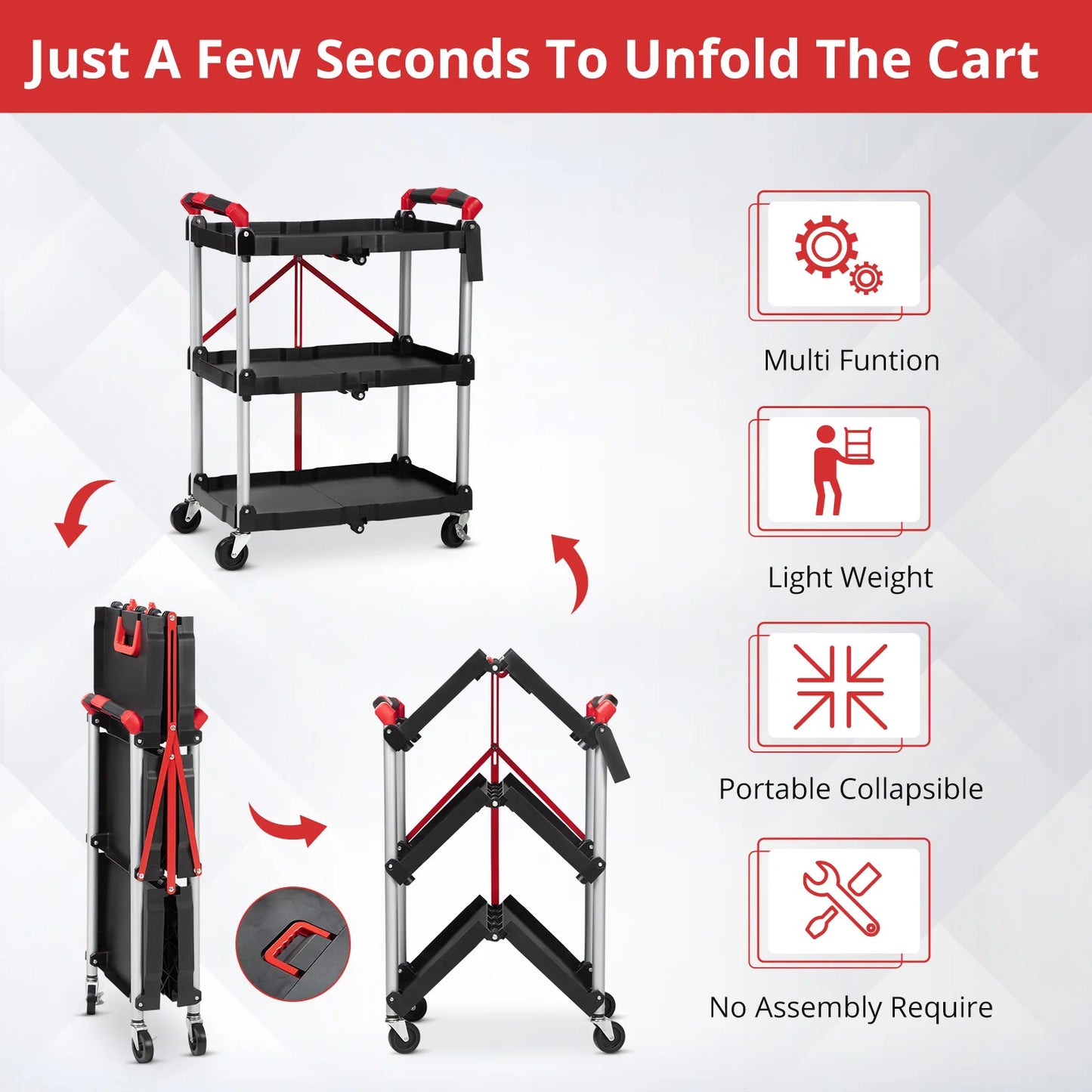Twister Three Tier Foldable Rolling Utility Cart With Lockable Wheels