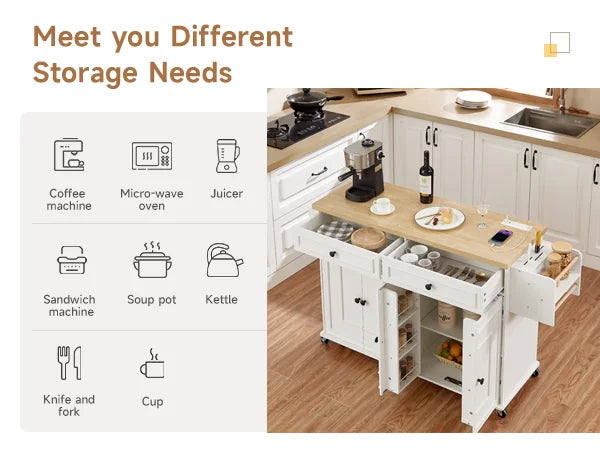 Mobile Wooden Kitchen Island Cart With Drop Leaf Storage Drawers