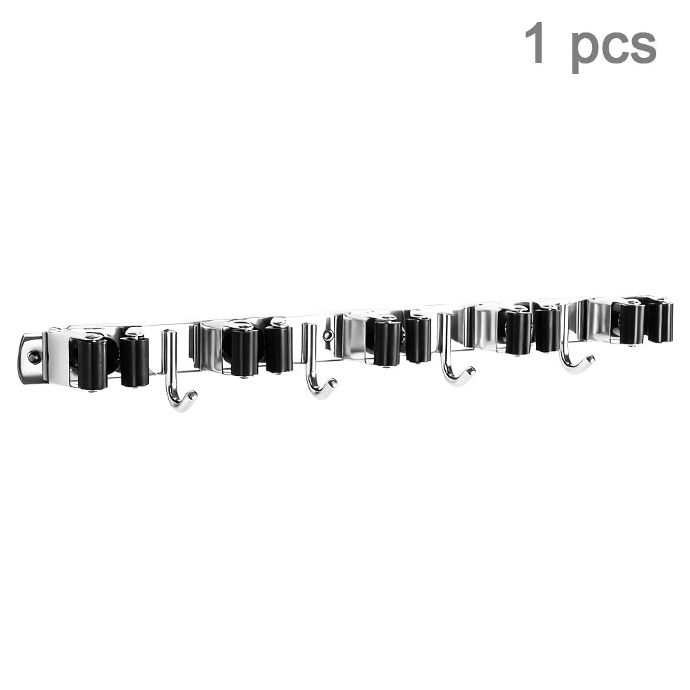 Stainless Steel 4-Hook Adhesive Broom And Mop Organizer