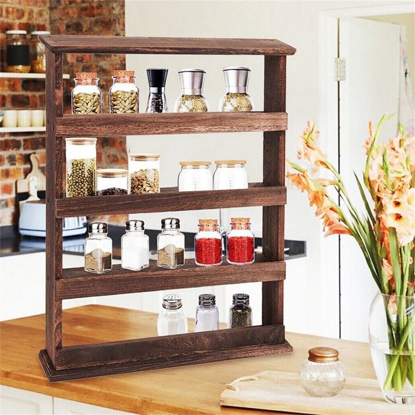 Wall Mounted Torched Bamboo Spice Rack Multi Tier Storage Shelf