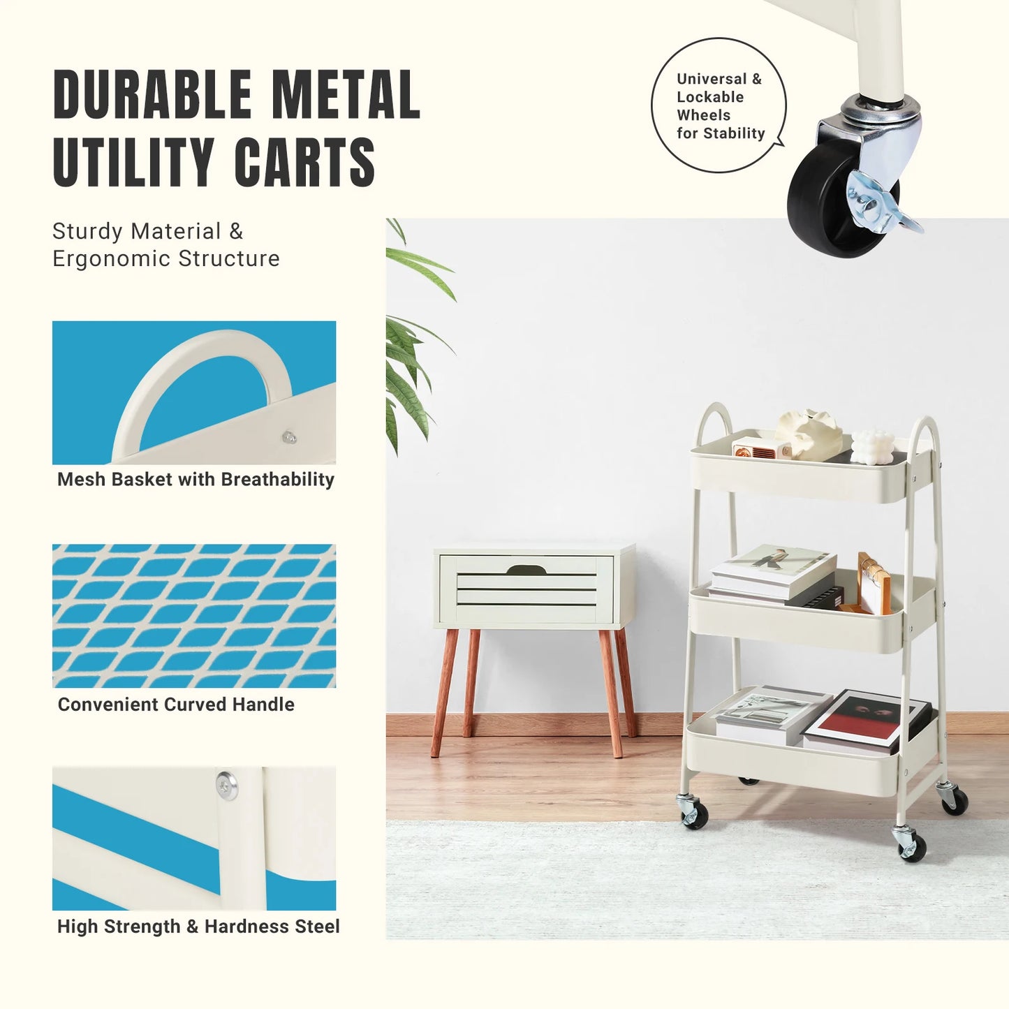 JHK 3 Tier Metal Rolling Storage Cart With Lockable Wheels