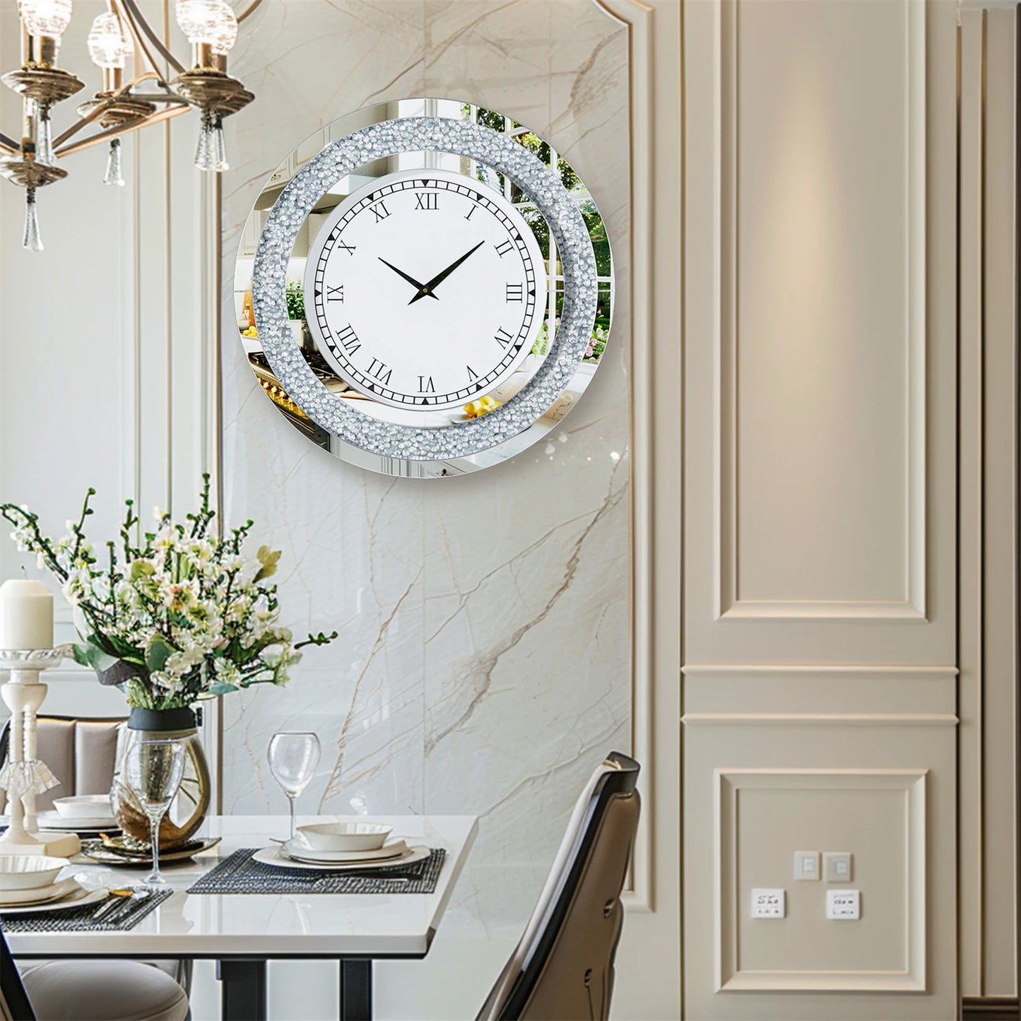 Decorative Round Mirror Wall Clock Featuring Crystal Sparkle Design