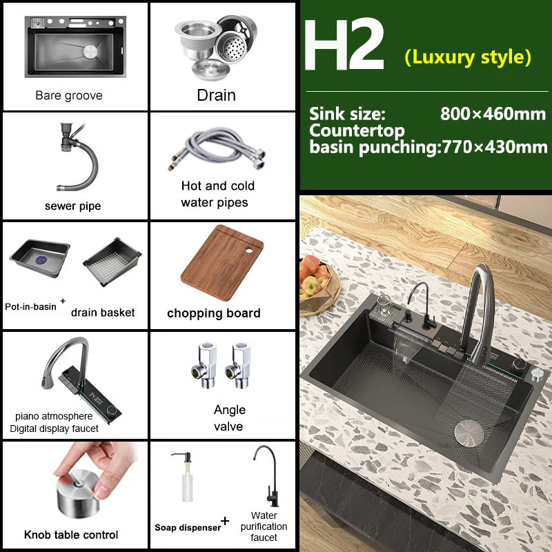 Telisiya Waterfall Stainless Steel Single Bowl Kitchen Sink Digital Display