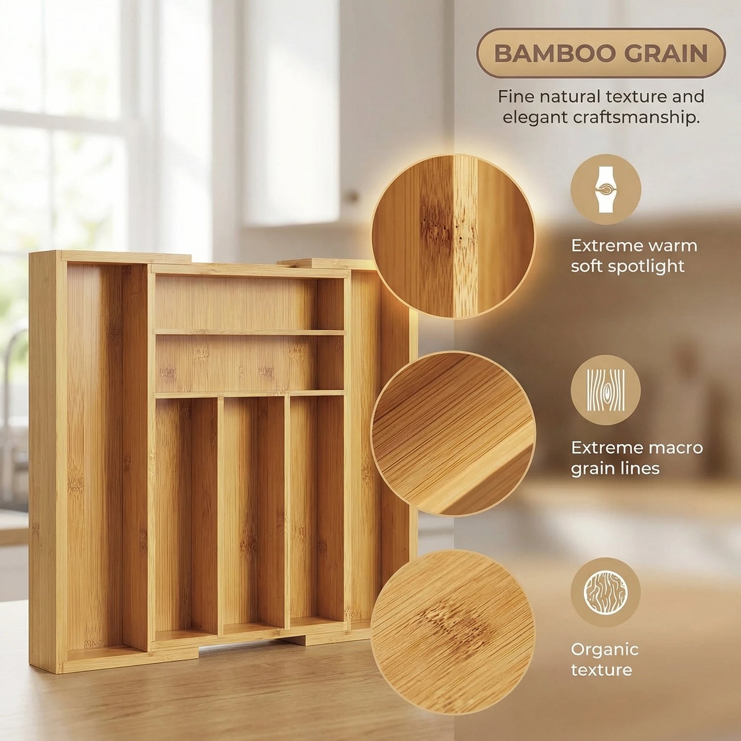Bamboo Expandable Adjustable Kitchen Utensil Drawer Organizer
