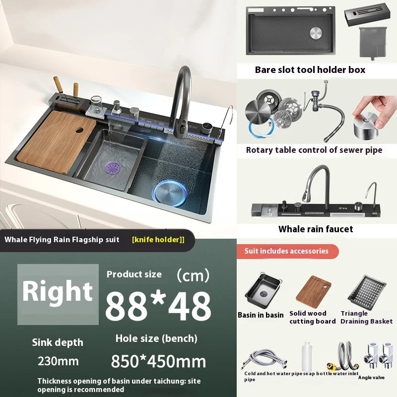 Telisiya Waterfall Stainless Steel Single Bowl Kitchen Sink Digital Display