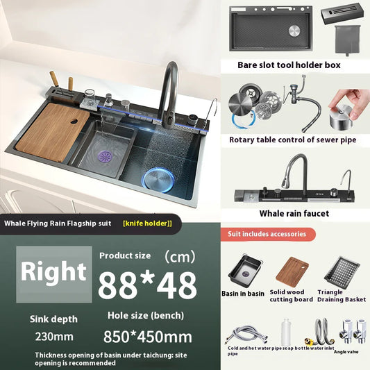 Telisiya Waterfall Stainless Steel Single Bowl Kitchen Sink Digital Display