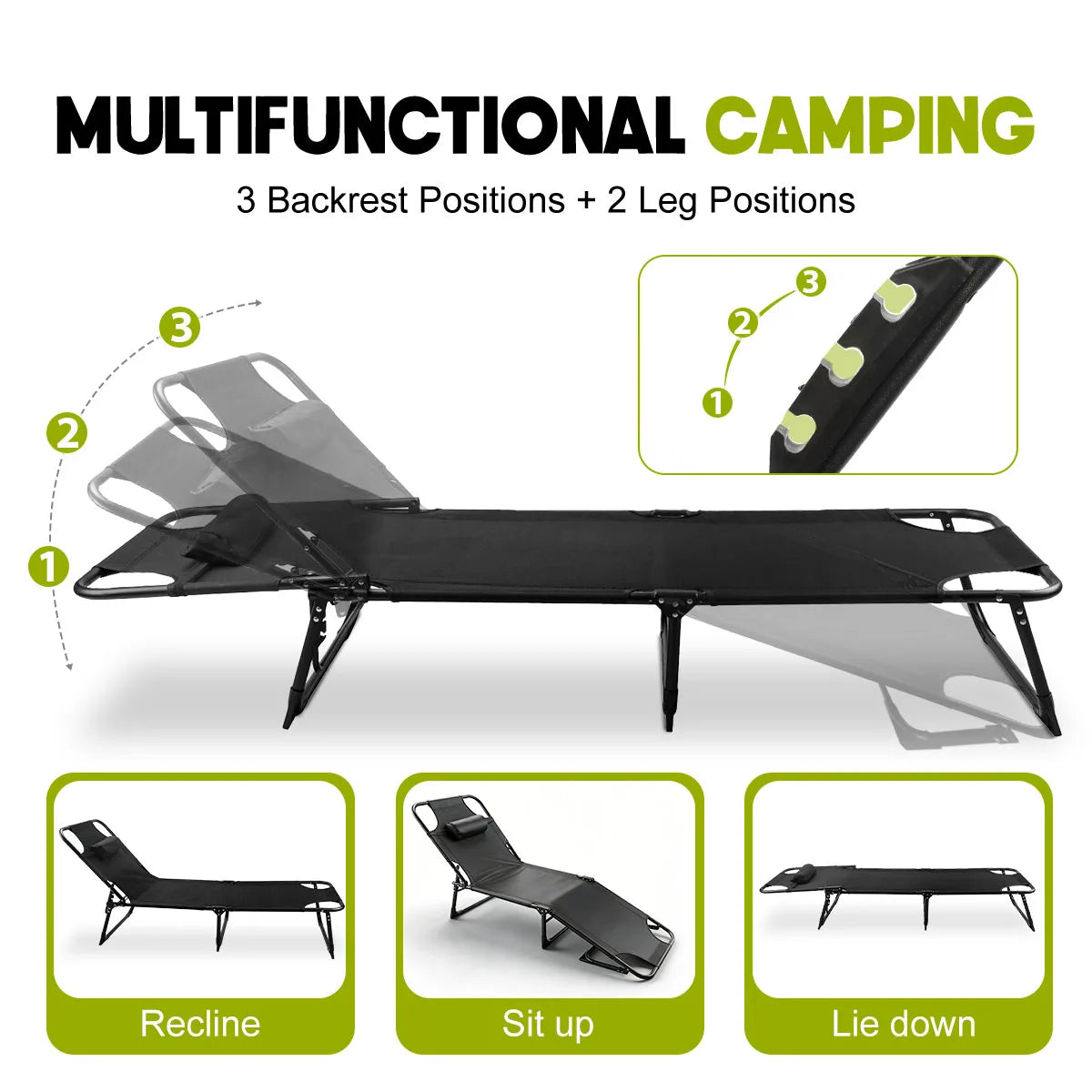 Adjustable Folding Camping Lounge Chair With Removable Cushion