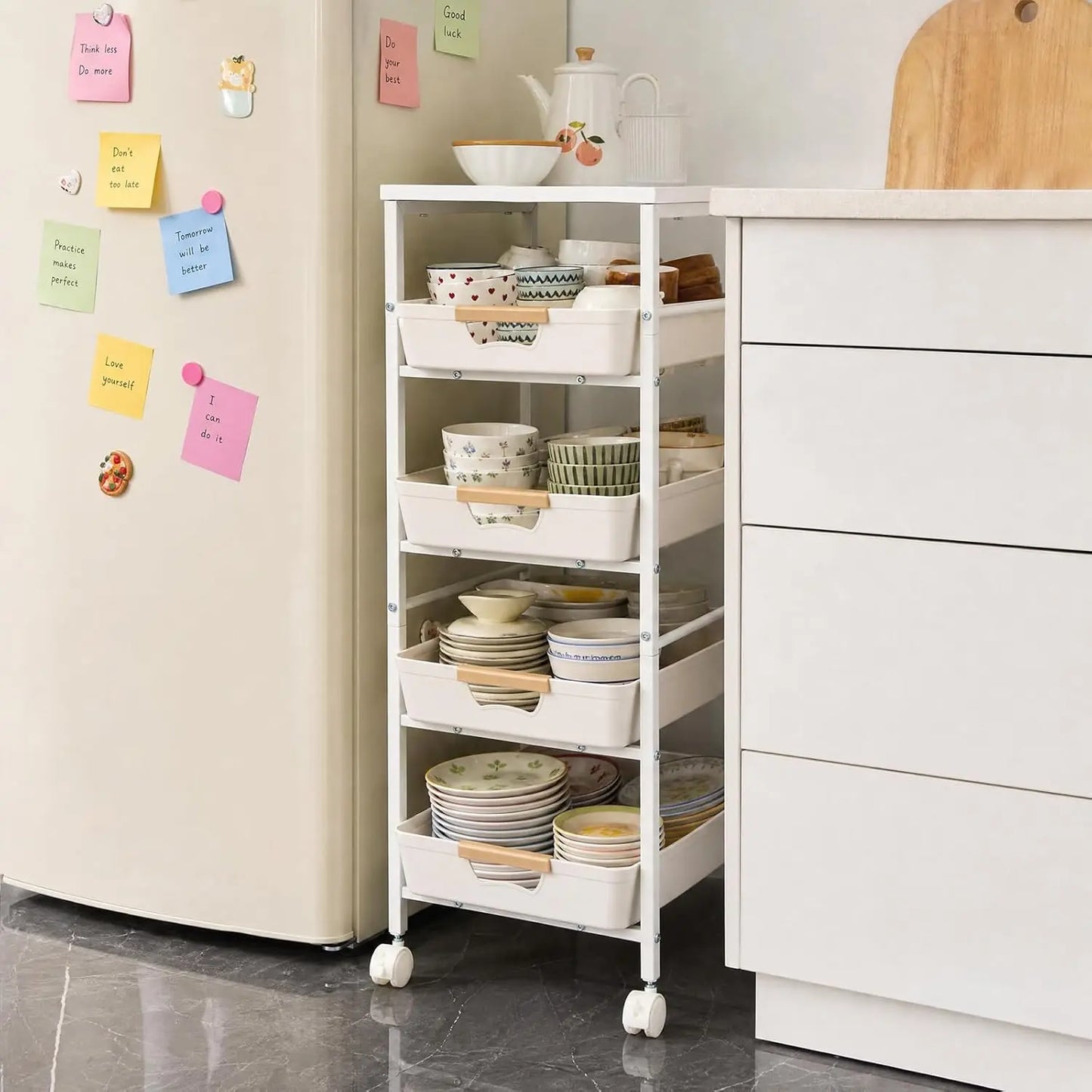 HiMISS Slim Rolling Storage Cart With Wooden Top And Organizer