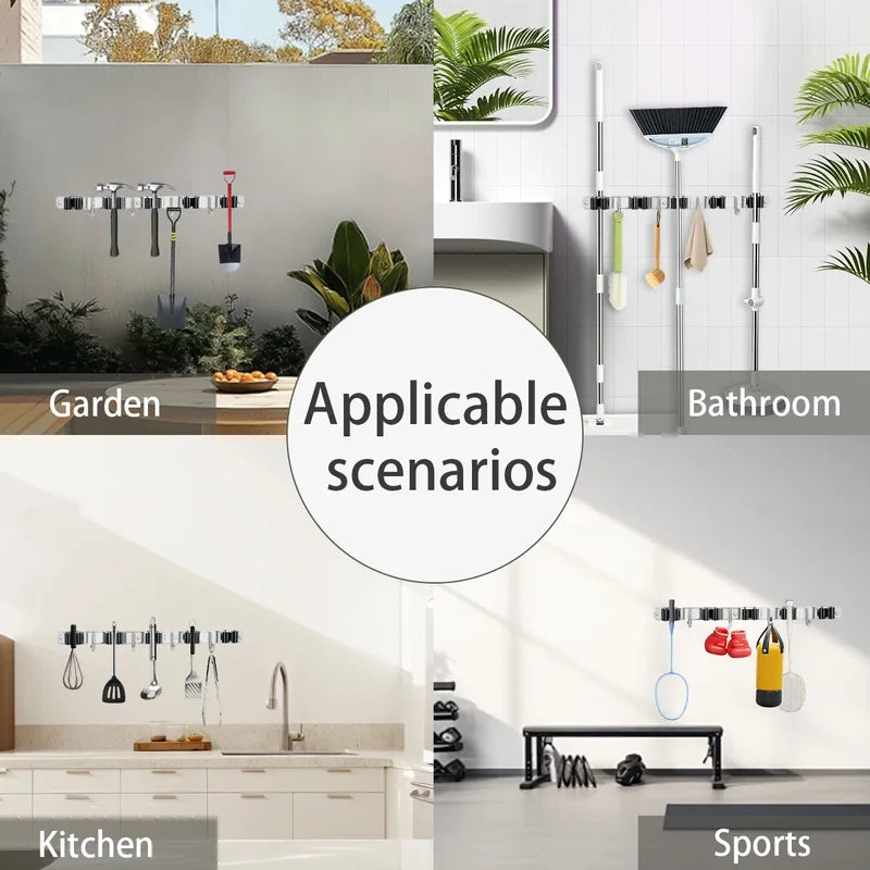 Stainless Steel 4-Hook Adhesive Broom And Mop Organizer