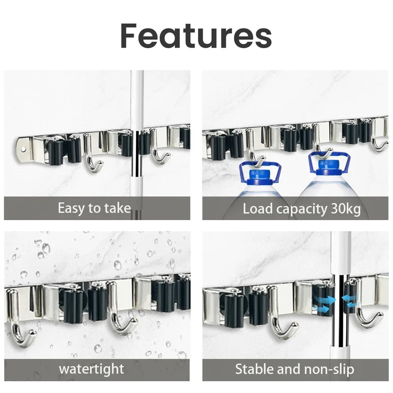 Stainless Steel 4-Hook Adhesive Broom And Mop Organizer