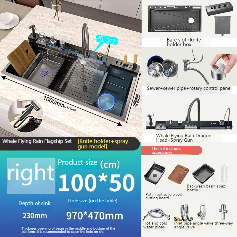 Telisiya Waterfall Stainless Steel Single Bowl Kitchen Sink Digital Display