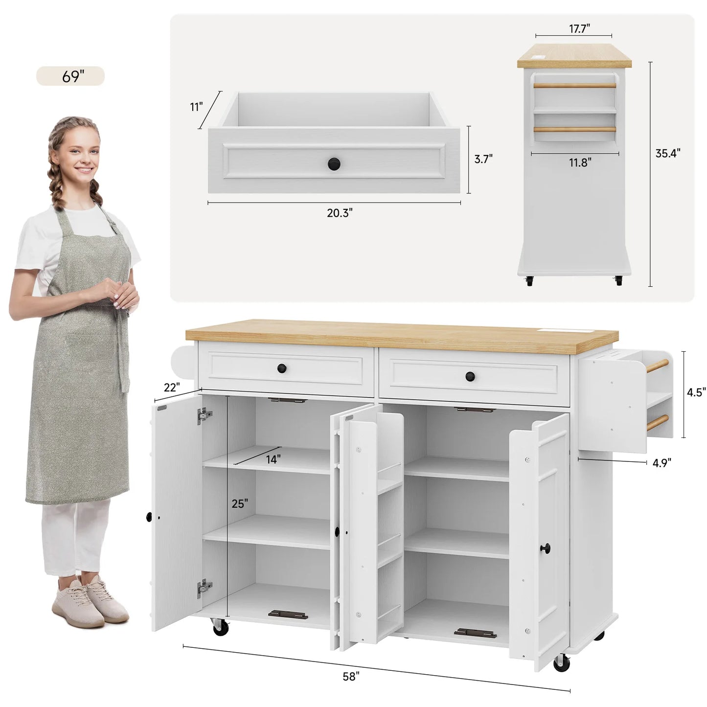Mobile Wooden Kitchen Island Cart With Drop Leaf Storage Drawers